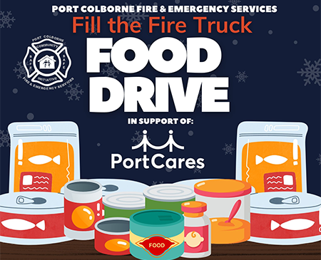 Fill the Fire Truck Food Drive graphic showing cans and bags of food